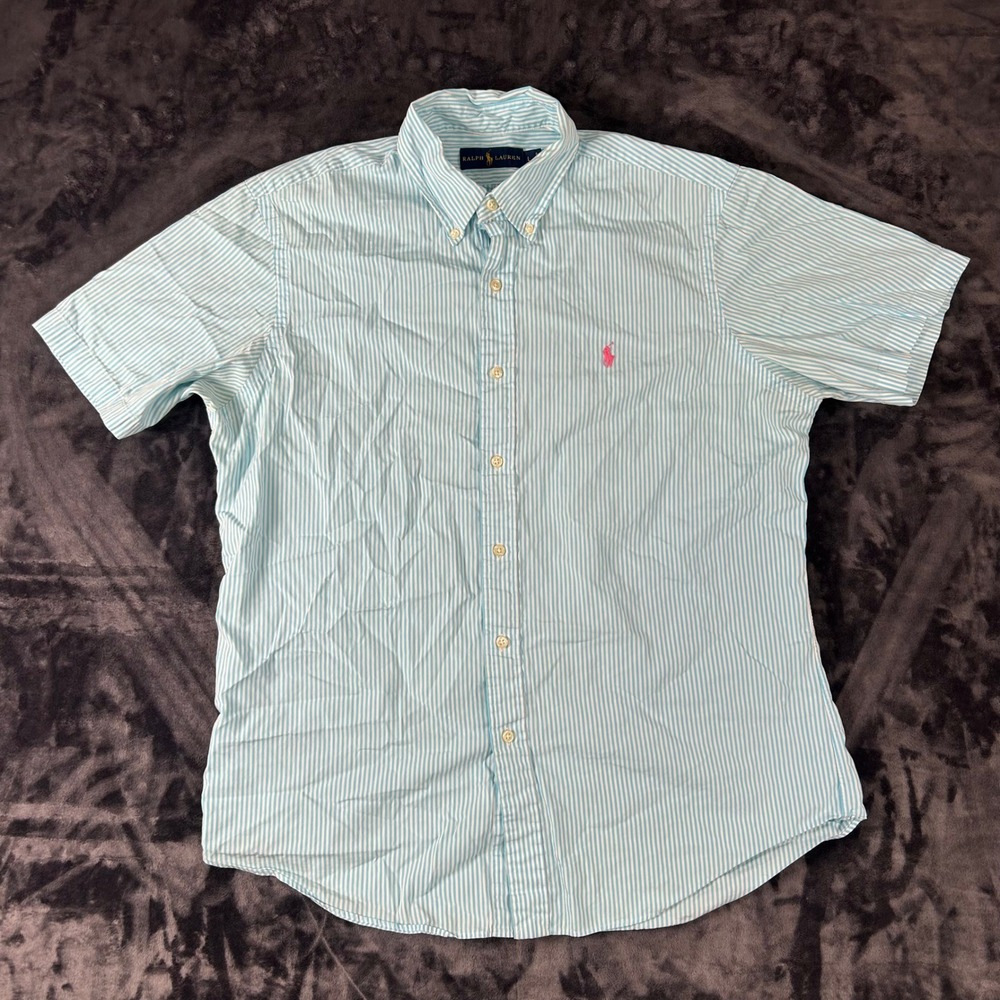 Ralph Lauren Button‎ Down Shirt Mens L Light Blue Striped Short Sleeve Pony Logo